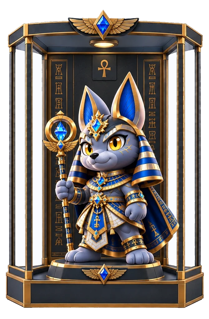 Lilβ Anubix, a cute grey jackal pharaoh with big amber eyes and a crystal ankh staff, standing in a gold and glass display case