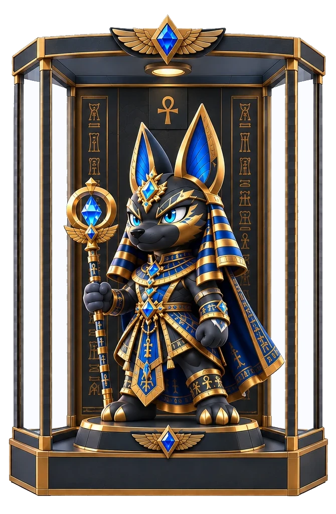 Anubix Relic, a black and gold jackal guardian with blue eyes and a crystal staff, standing in a gold and glass display case