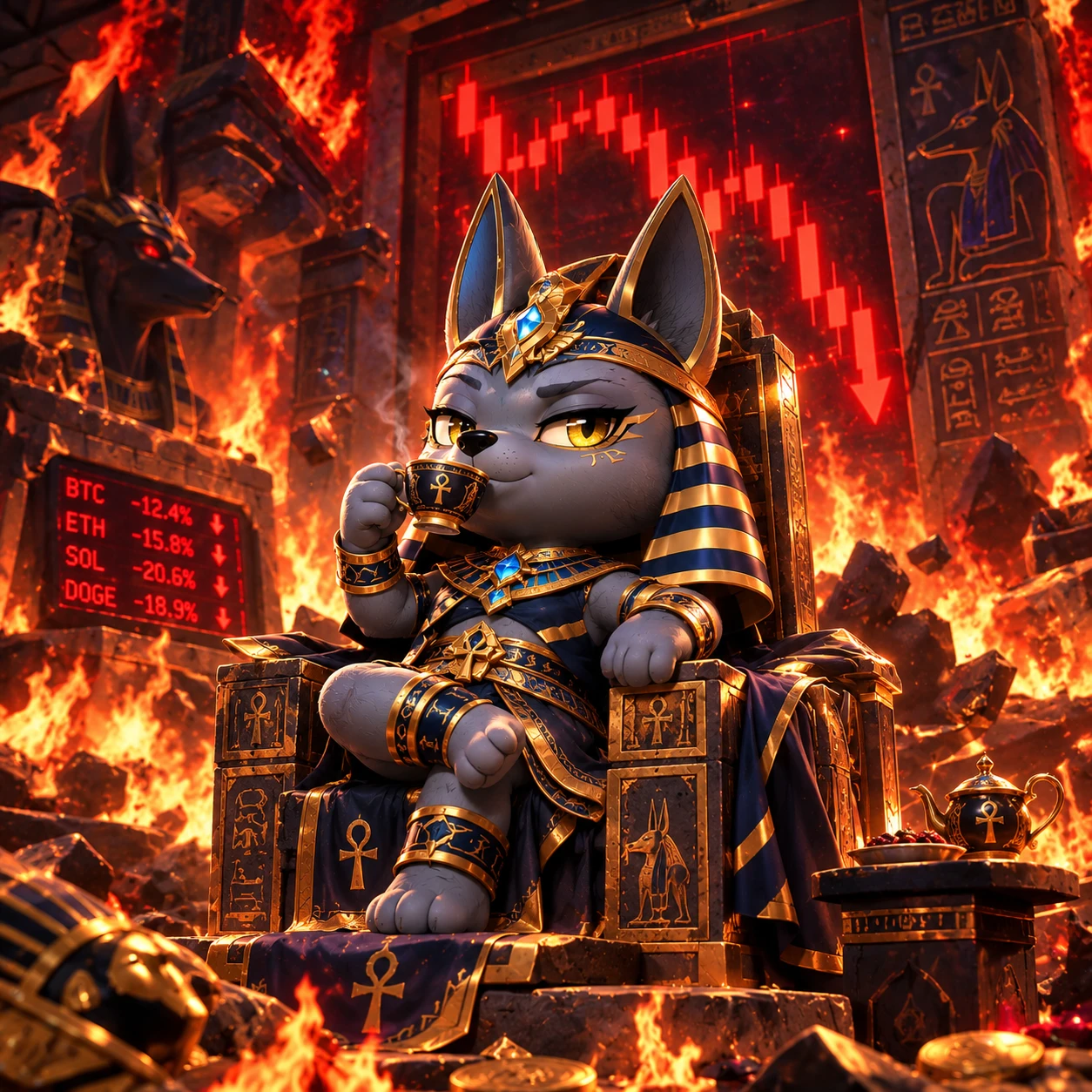 Lil' Anubix sipping tea on a throne while the tomb burns and red candles fall
