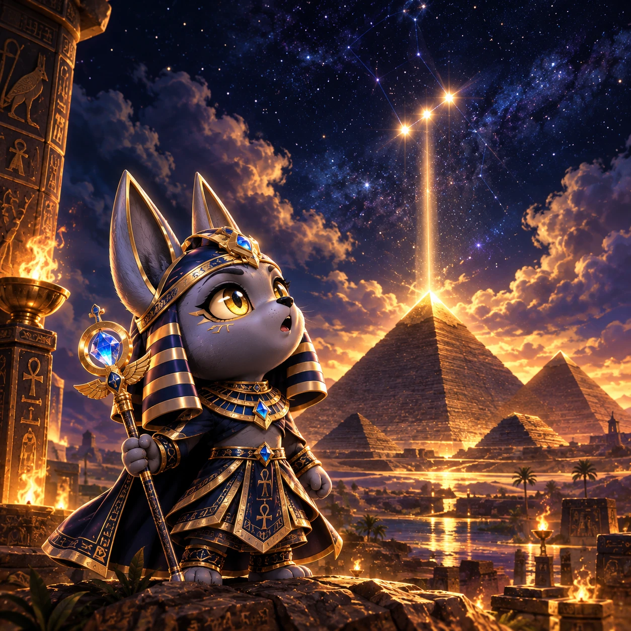 Lil' Anubix looking up in surprise as three stars align above the Giza pyramids